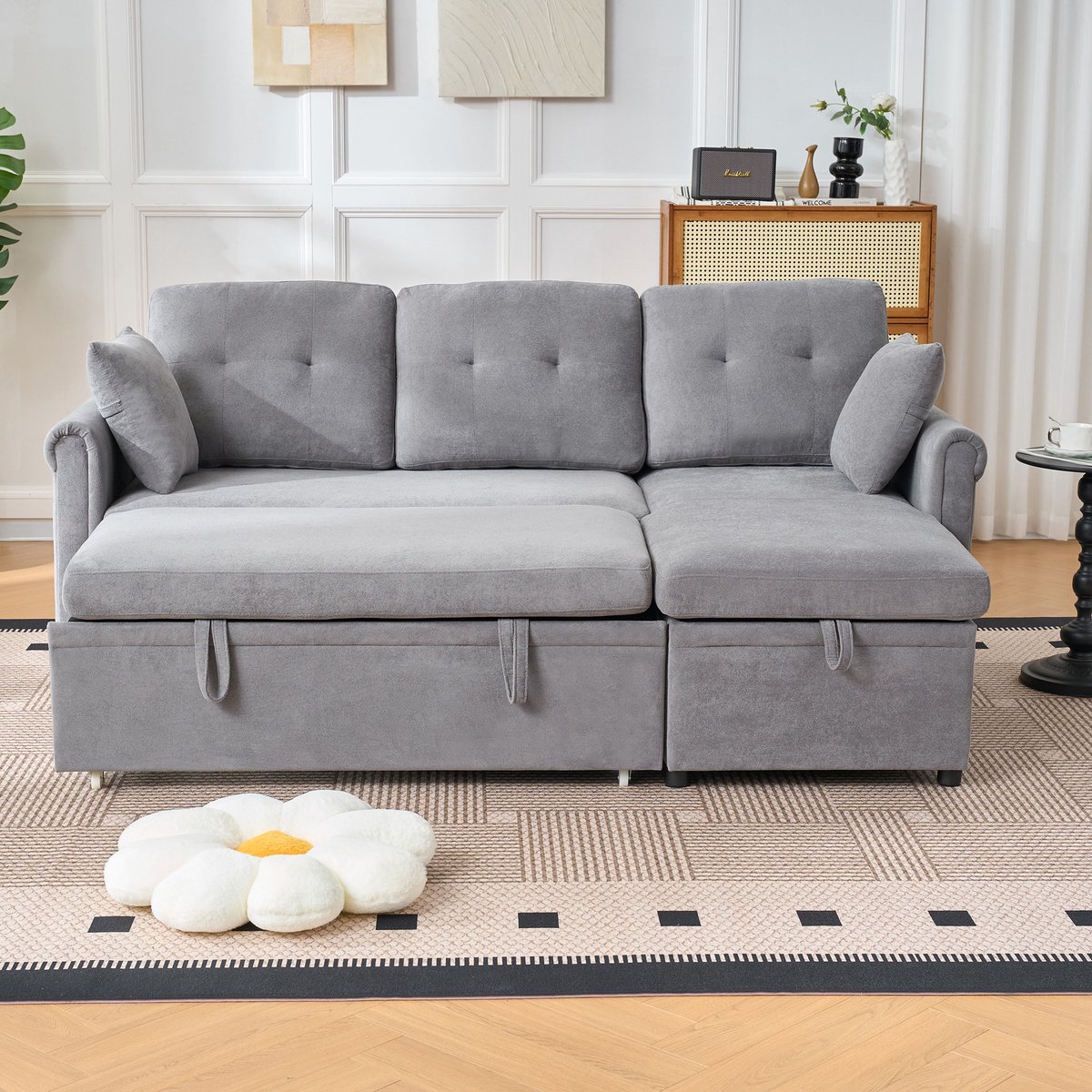L Vorm Hoekbank - Slaapbank 3 Zits Chenille Grijs - Comfortabele Lounge Bank Met Opbergruimte En Verstelbare Chaise Longue - Praktische Bank Voor Kleine Ruimtes
