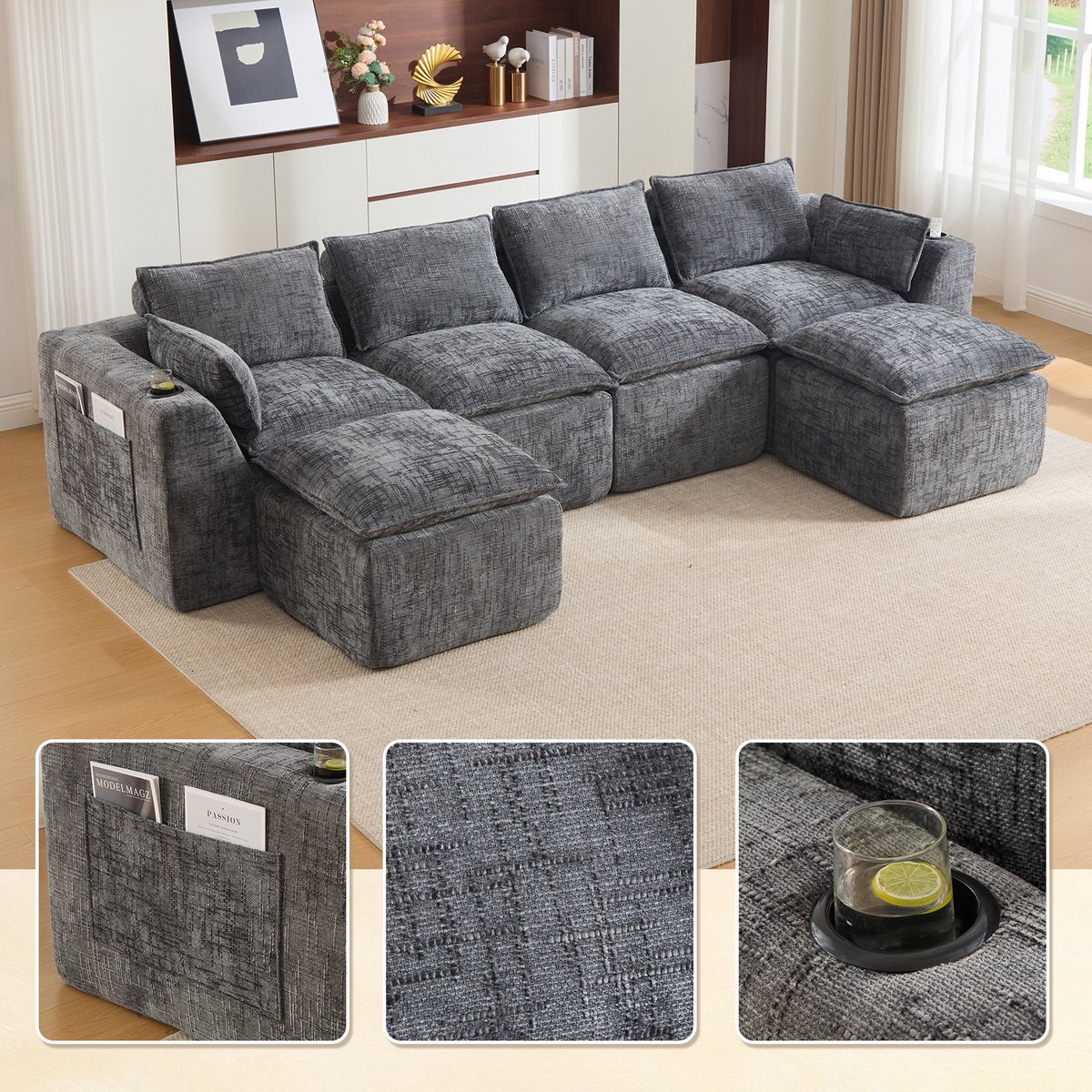 4-Persoons Bank met 2 Voetenbankjes - Optimaal voor Woonkamer en Kantoor - 37x30x104 cm, Donkergrijs