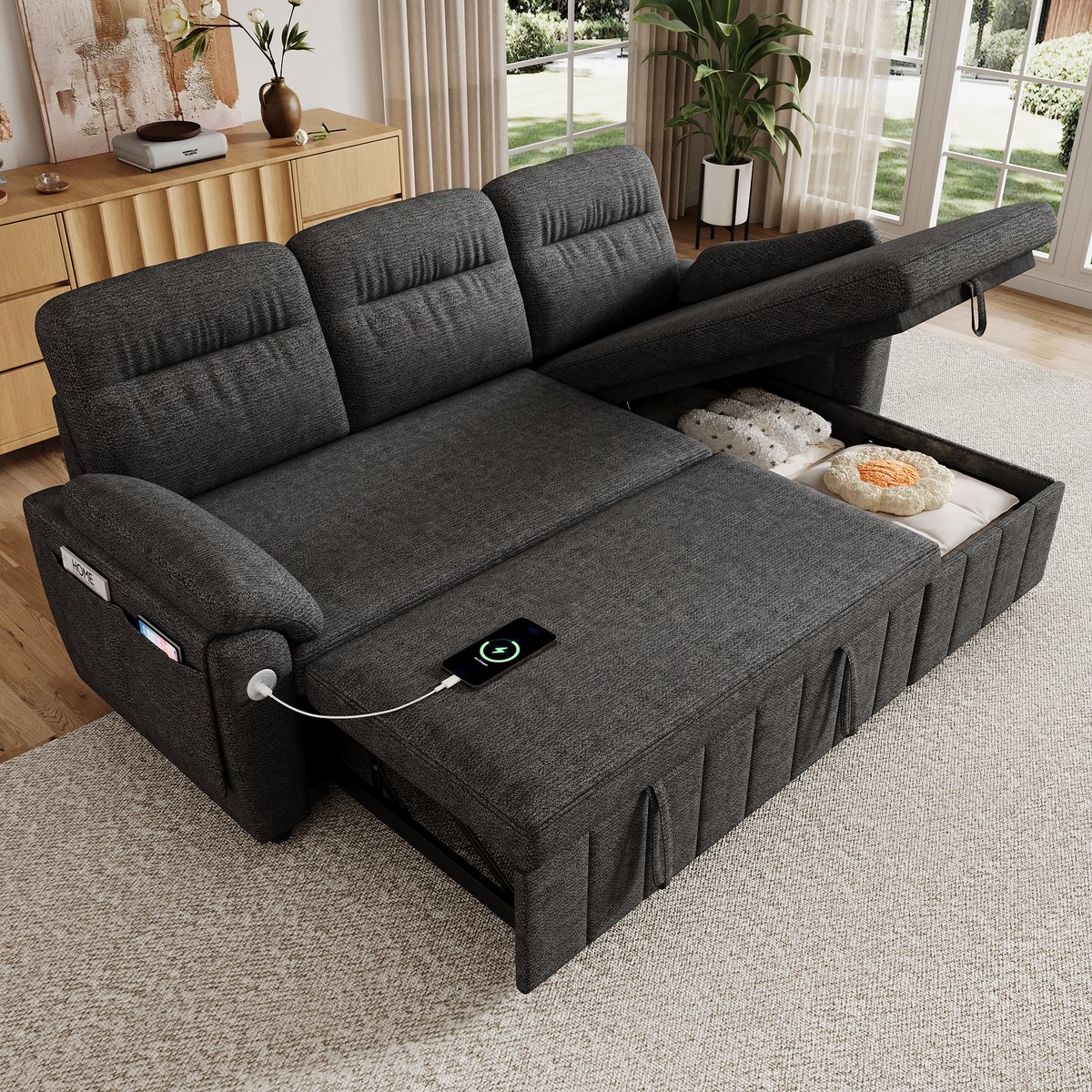 Modulaire Hoekbank - Chenille L Bank Grijs 3-Zits Met Slaapfunctie, Omkeerbare Chaise Longue En Opbergruimte - Hoeksofa Met USB Type-C, Verstelbare Hoofdsteun En Comfortabele Zit