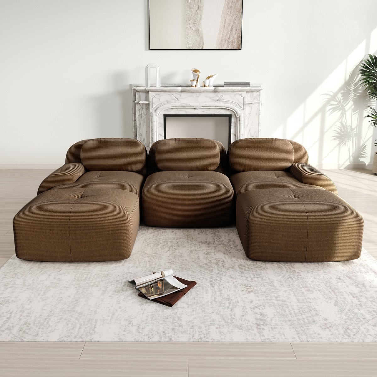 U Vormige Bank - Modulaire Hoekbank 3 Zits - Ribstof Lounge Bank Zonder Frame - Diepe Zitbank Met 32D Schuim - Zachte Cloud Sofa Met Brede Armsteunen - Moderne Bank Voor Woonkamer - Bruin