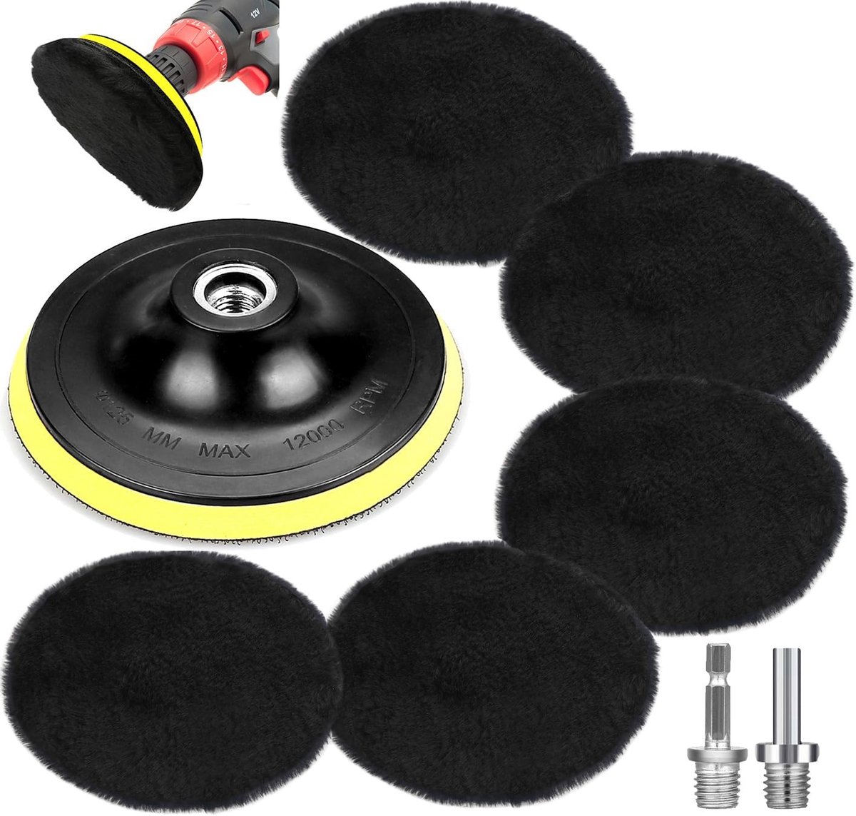 Polijstpads - 125 mm klittenband - lamswollen kap - polijstopzetstuk - 5-delige polijstschijf - polijstset met klittenbandpad - M14 boor - zeskantschacht