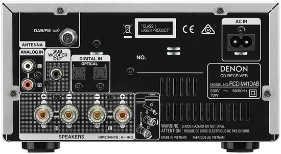 Achterkant Denon CD Receiver RCD-M41DAB met aansluitingen voor speakers, antenne, subwoofer en optische kabel.