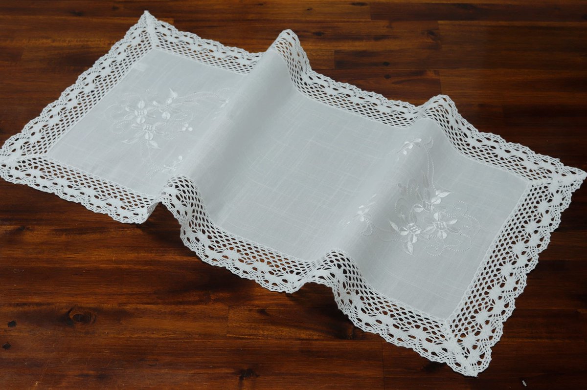 Solidchoice - Tafelkleed met Holle Rand - Witte Kanten Tafelrunner 40x90 cm