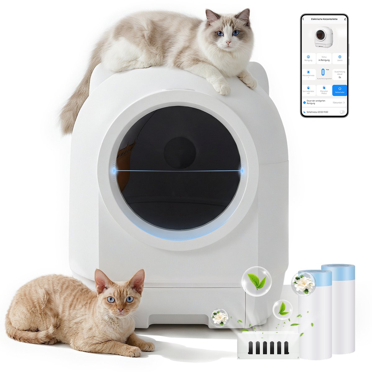 Devoko Automatische Kattenbak XXXL- Zelfreinigende Kattenbak 90L-Ondersteunt bediening via app - Langdurige geurcontrole -Uitgerust met een veiligheidssensor - Wit