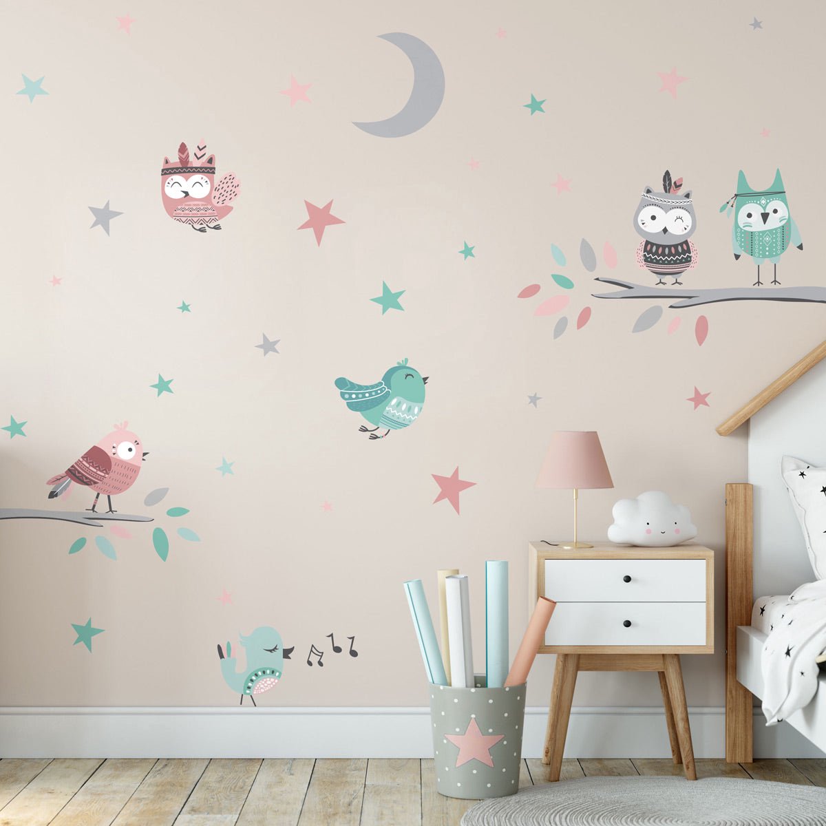 Ambiance Sticker Muurstickers - Uilen en zangvogels - Zelfklevende stickers - 135x100cm Multi color
