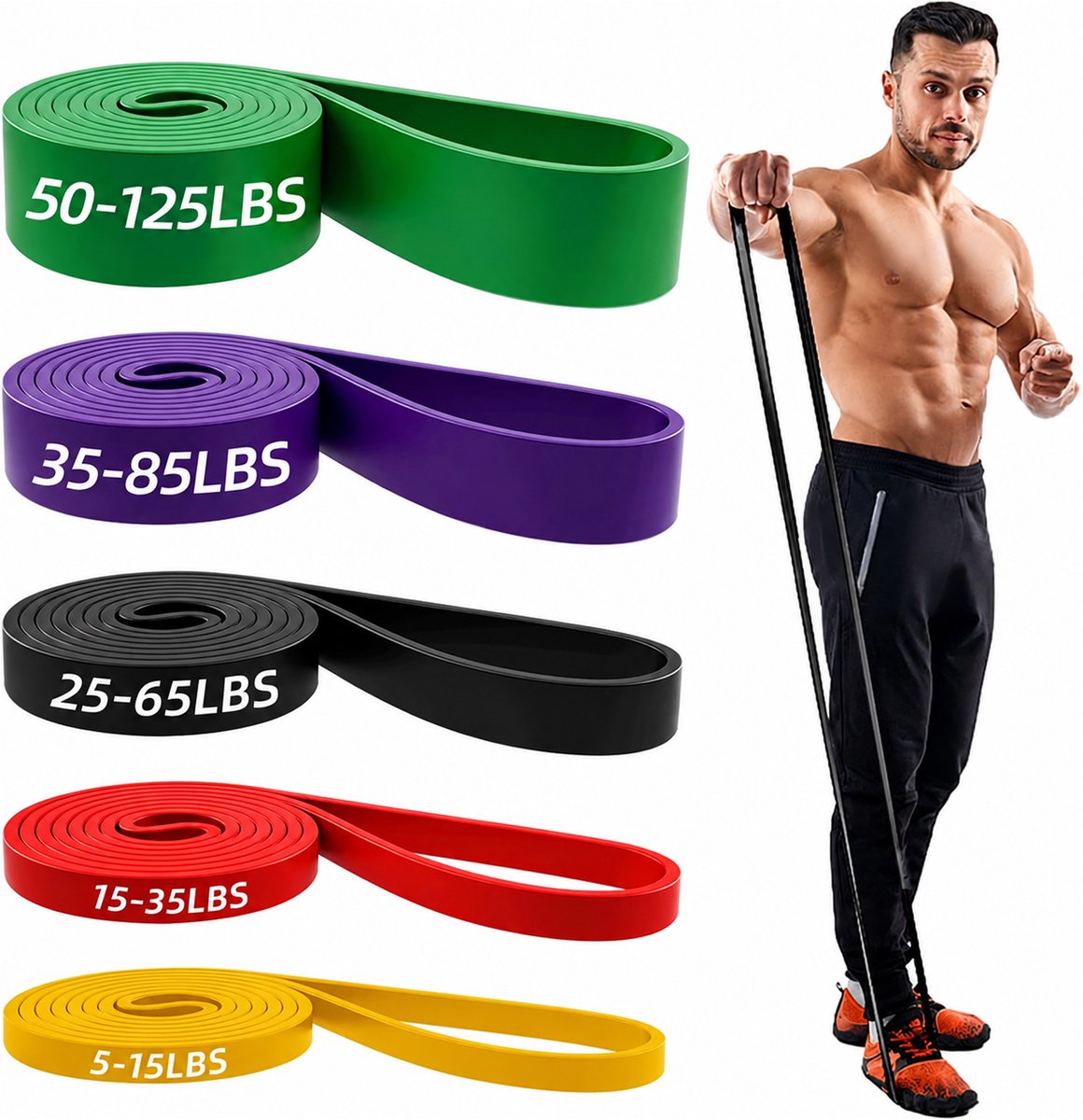 Kaiyaya - 2 stuks Weerstandsbanden set 5-delig - Krachttraining & pull-ups - Natuurlijk latex - Met draagtas - Fitness, stretching, revalidatie - 5 kleuren, 5 weerstandsniveaus