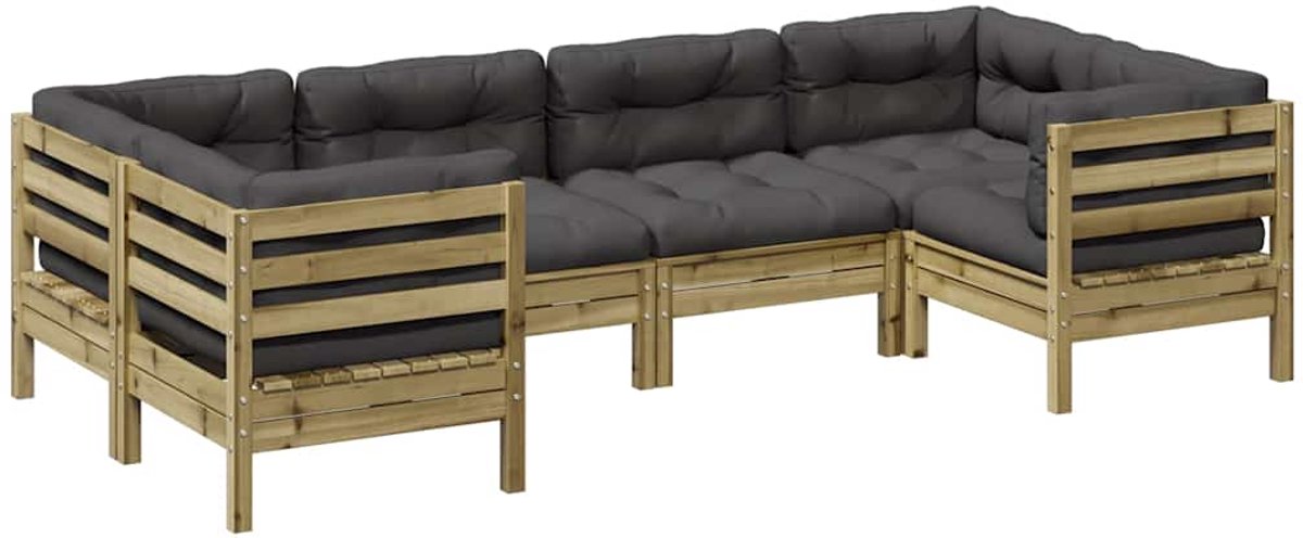 vidaXL 6-delige - Loungeset - met - kussens - geïmpregneerd - grenenhout antraciet