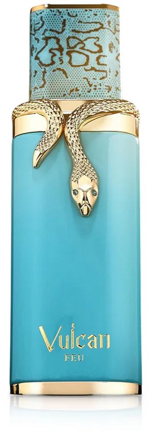 Turquoise fles met gouden slang en 'Vulcan Feu' inscriptie.