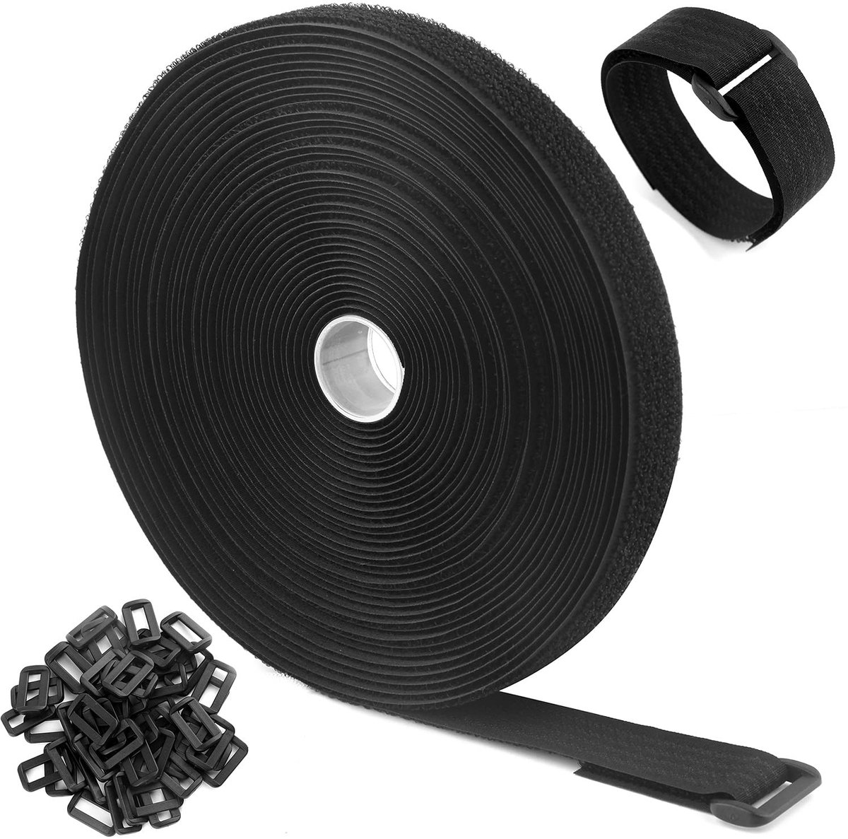 10m with 50 Buckles, Free Cutting Length, Closure, Resealable Cable Ties, Black, 2cm Wide