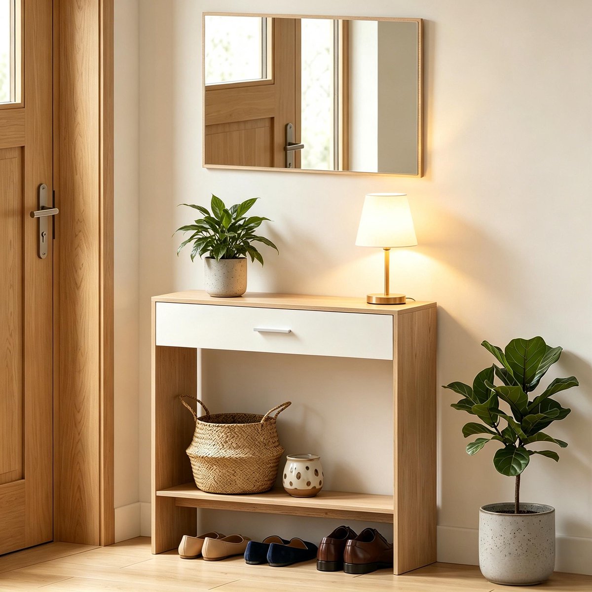 MIVRAY Sidetable - Moderne Haltafel Met Spiegel En Lade - Voor Entree En Woonkamer - Spaanplaat - Naturel Wit - 91,5 Cm