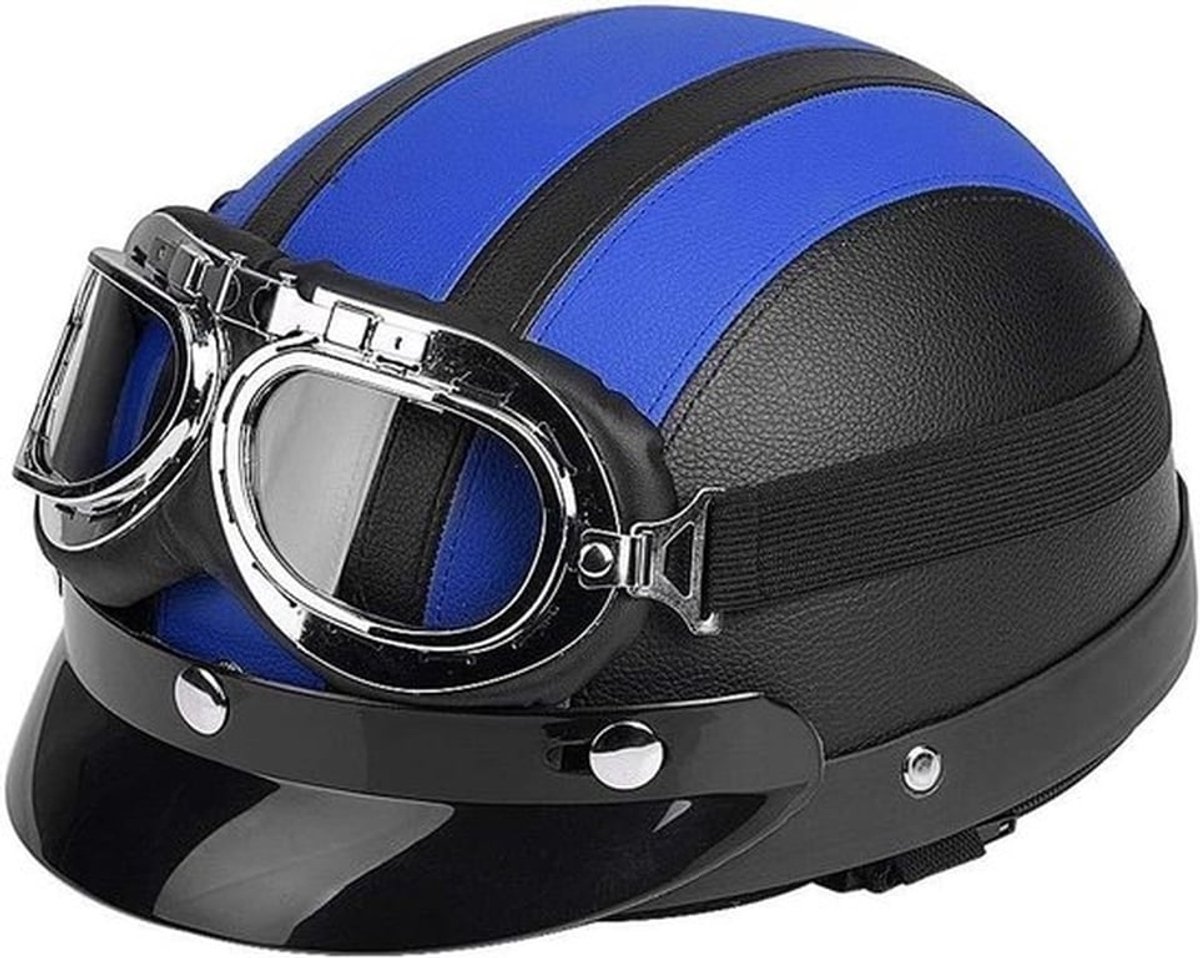 Half Open Leerhelm voor Scooter en Motor met UV Visor - Universele Open Helm voor Veiligheid en Comfort (Blauw)