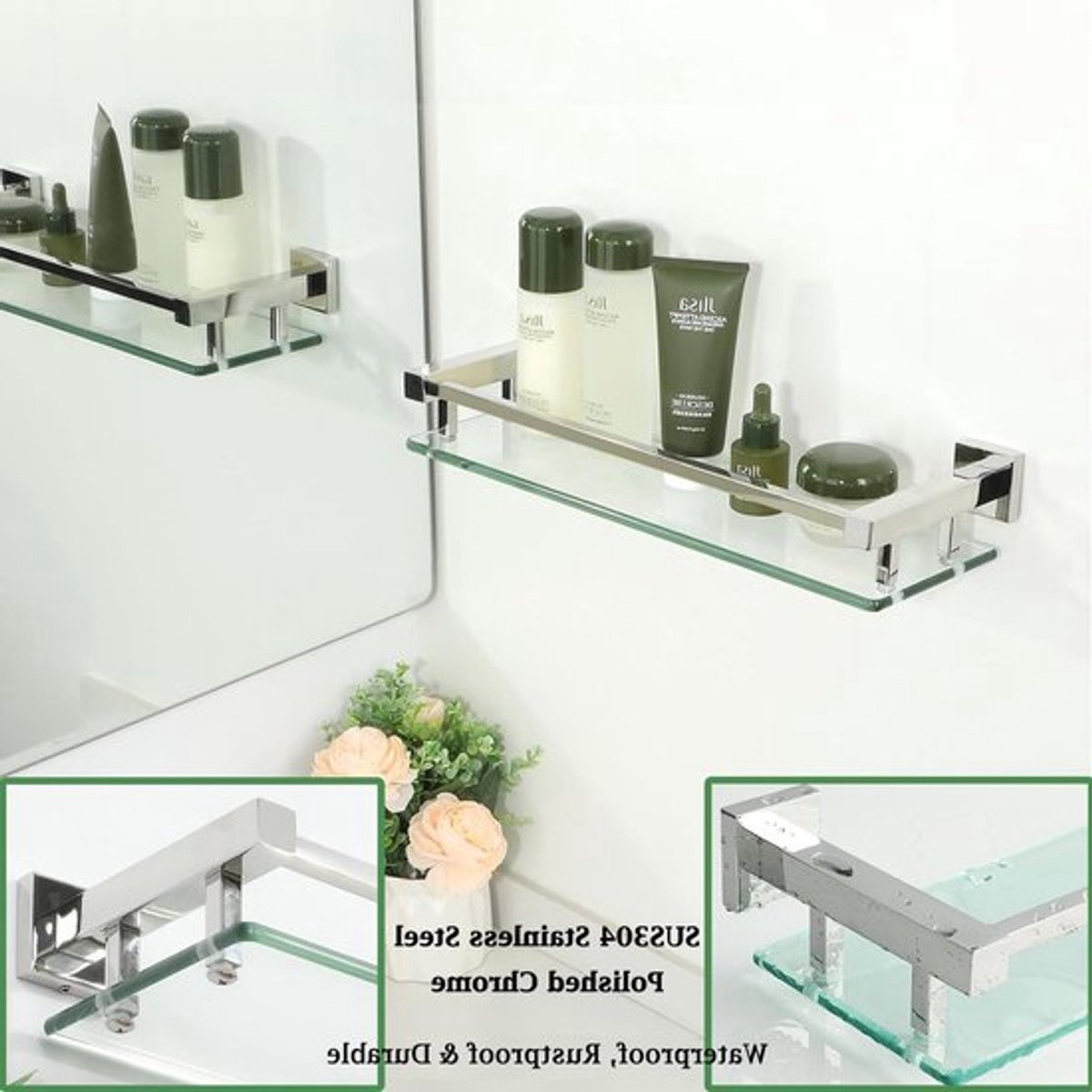 Gehard glas Badkamerplank 40 cm met leuning - Wandmontage, 8 mm dikte, Gepolijste Afwerking, Ideaal voor Badkamer en Keuken