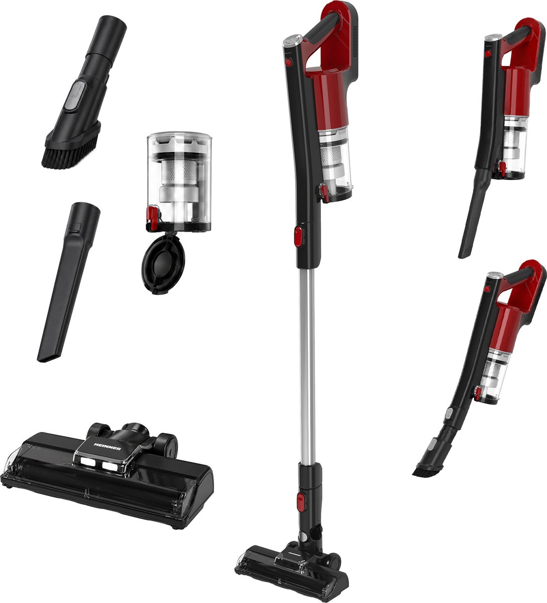 Heinner Draadloze Steelstofzuiger – 150 W – Zuigkracht 9 kPa – 21,6 V – 2 Zuigstanden – Tot 30 min Gebruiksduur – Stofreservoir 0,5 L – Gemotoriseerde Vloerborstel – Rood