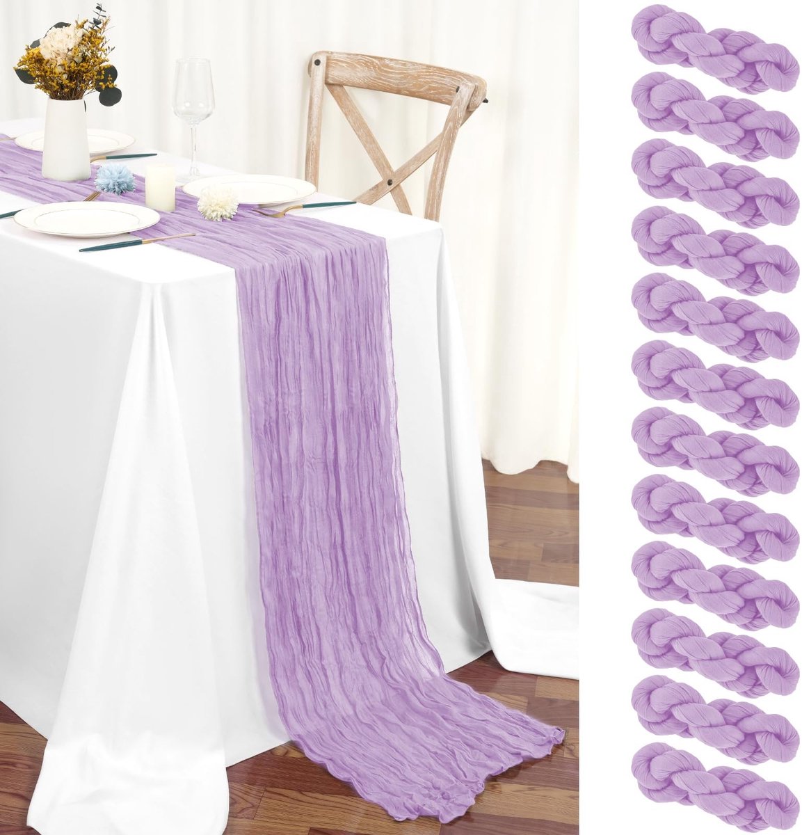 Solidchoice - Set van 12 Lila Kaasdoek Tafel Runners - Boho Stijl voor Feesten en Bruiloften (45 x 275 cm)