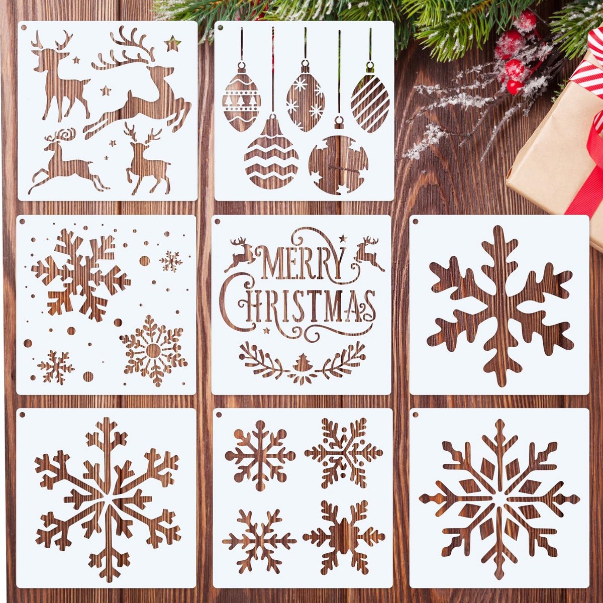 Solidchoice - 8 stuks kerstsjablonen sneeuwvlok - Herbruikbare raamsjablonen voor schilderen
