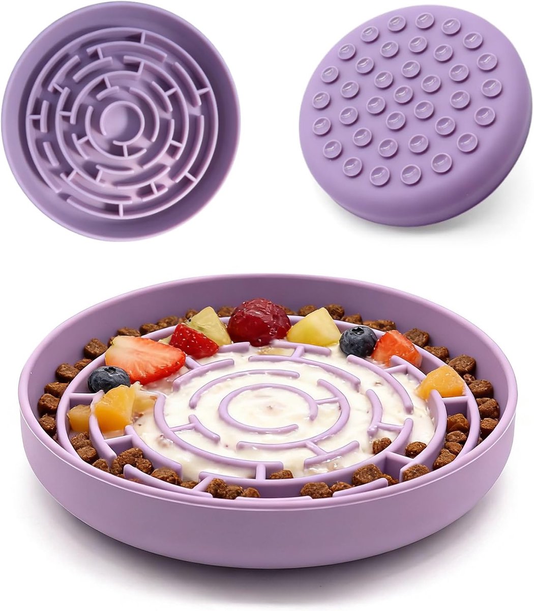 Siliconen Slowfeeder Schaaltje - 37 Antislip Zuignappen - Anti-Stik Doolhof Ontwerp - Vertraagt Eten 10x - voor Kleine & Middelgrote Honden en Katten - Paars - 1 Stuk