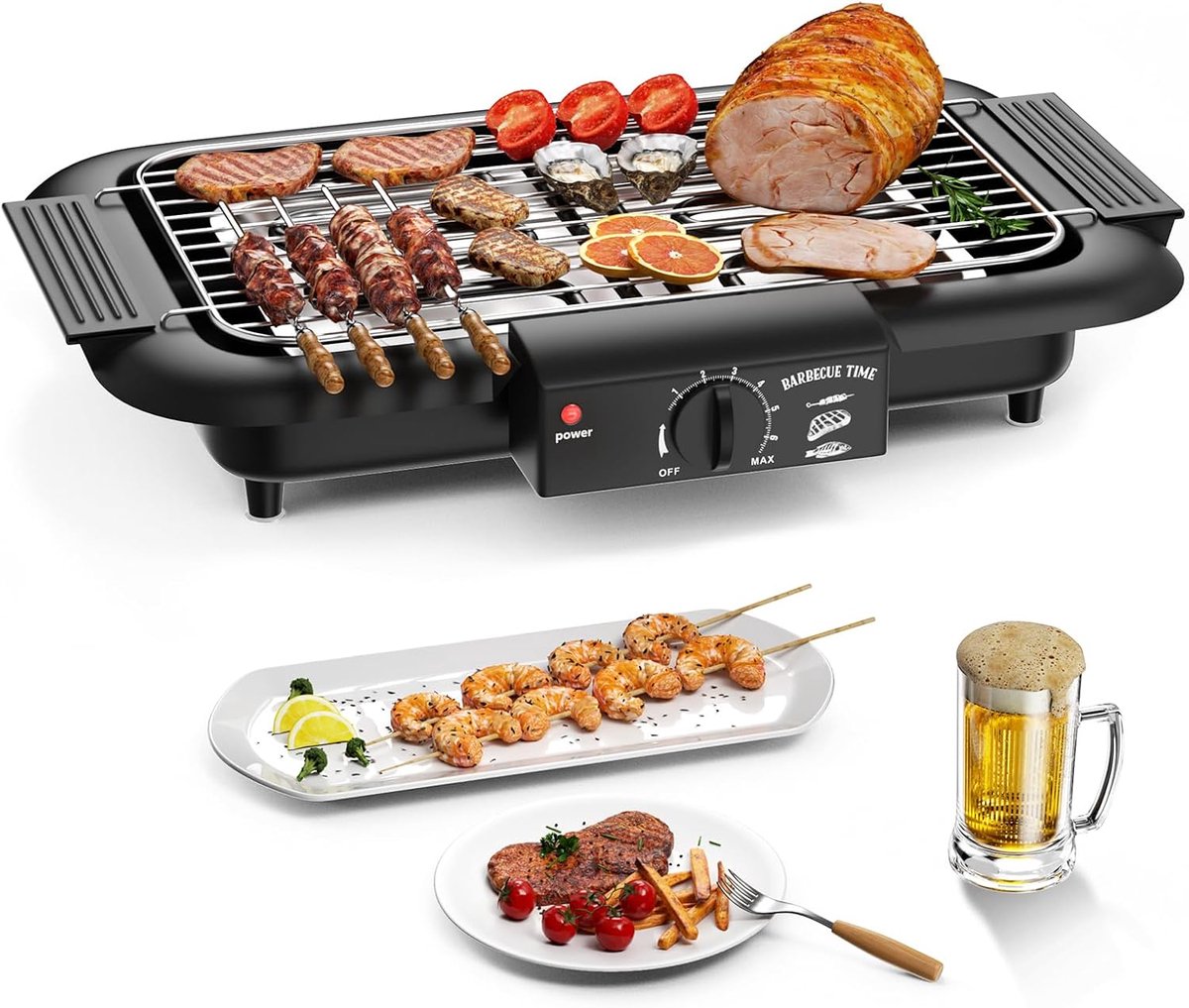 Elektrische BBQ - Rookarme Tafelbarbecue 2000W - Grillrooster - Zwart - Perfect voor Balkon of Camping