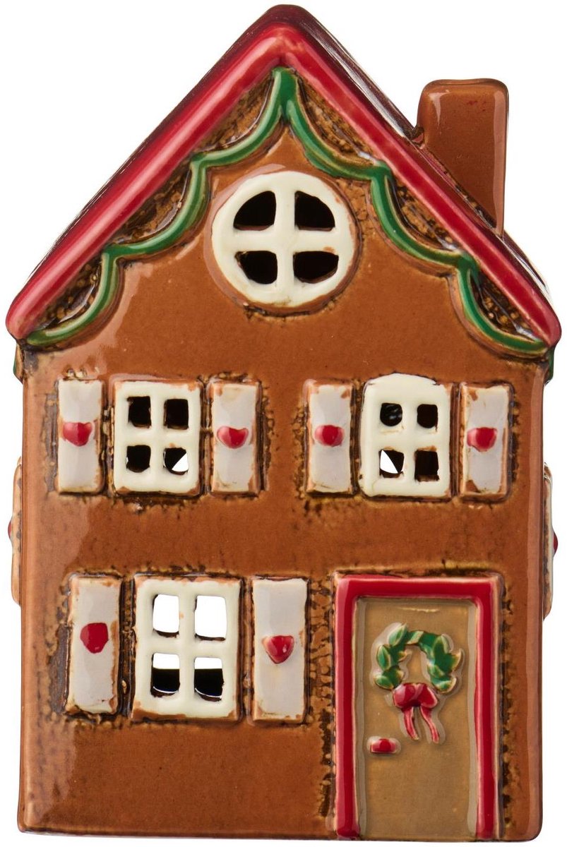 Ib laursen - Keramieken Huisje - Kerst - Bruin met Kerstkrans - Waxinelichthouder