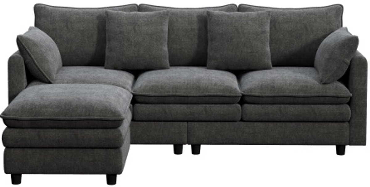 1 L-vormige hoekbank, 3-zitsbank met chaise longue, grijze chenille, modern woonkamersofa, flexibele opstelling-212x150x90 cm, voor appartement en kantoor
