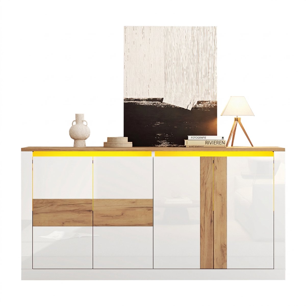Dressoir-Hoogglans Wit Dressoir met LED Verlichting-MDF Kast met 4 Deuren Eiken Look-RGB Verlichting App Bediening Verstelbare Planken-Moderne Woonkamerkast voor Eetkamer en Woonkamer
