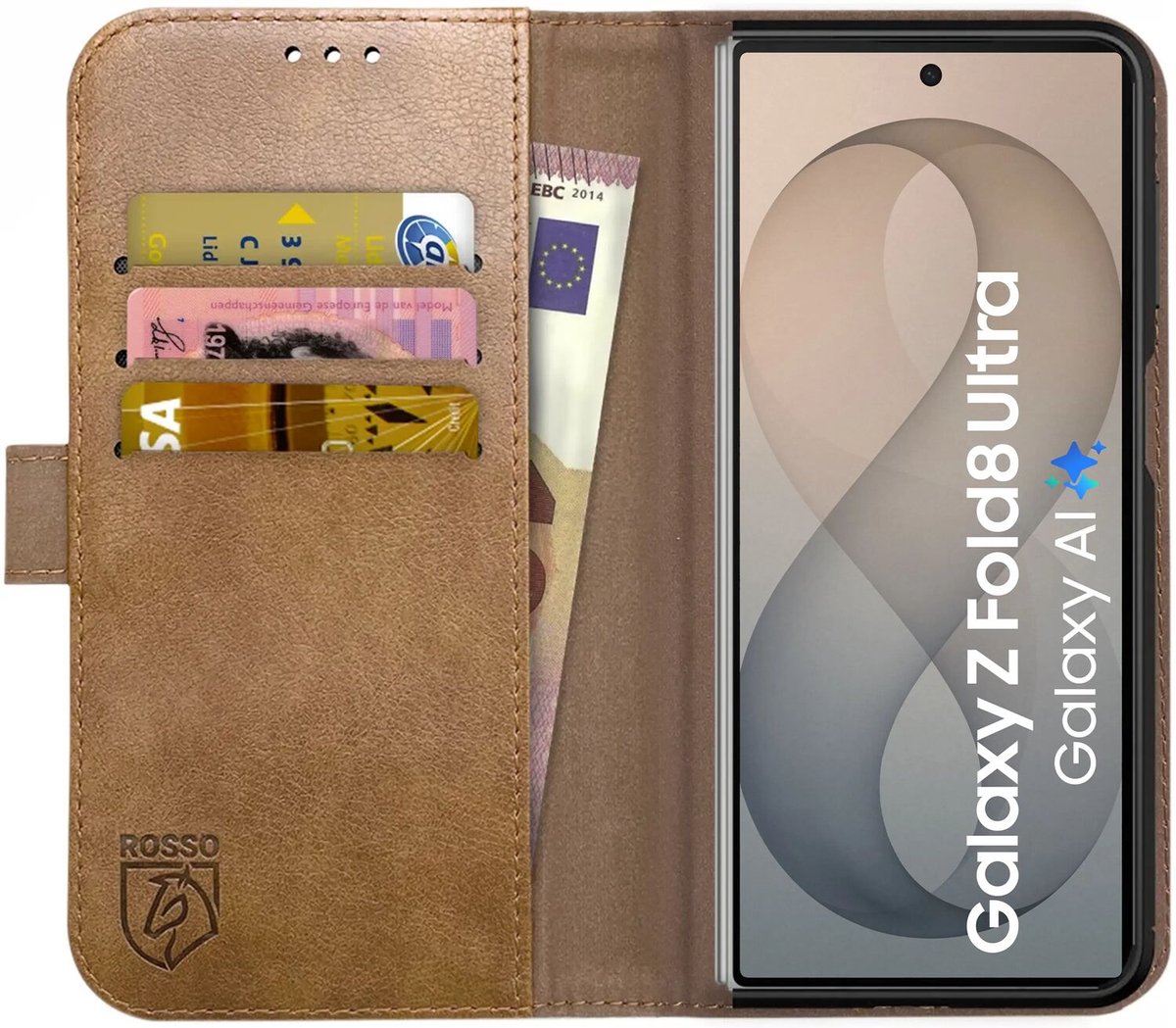 Rosso Element Geschikt voor Samsung Galaxy Fold 8 Ultra | Wallet Book Case | Portemonnee Hoesje | 4 Pasjes | Magneetsluiting | Stand Functie | Bruin