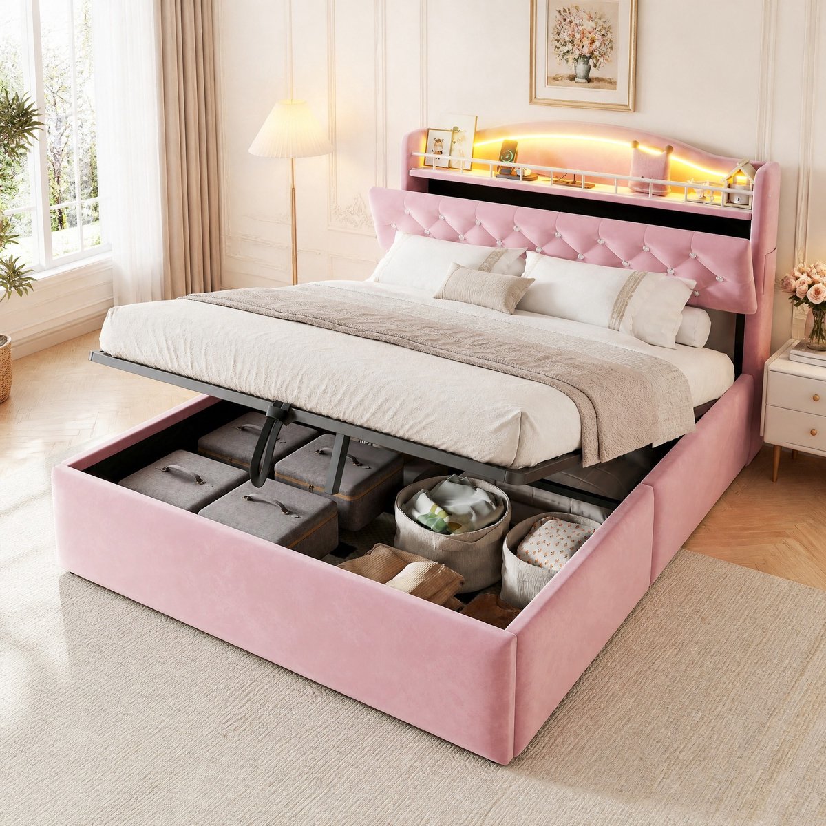 Gestoffeerd Bed 140 x 200 Cm - Hydraulische Opbergruimte - Hoofdbord Met Ledverlichting, Usb En Usb C - Tweepersoons - Samt - Roze Zonder Matras