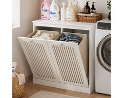 PHOEBE CAT Wasmand - Waskast - Klapdeur met lamellen - 2 stoffen vakverdelers - Wit