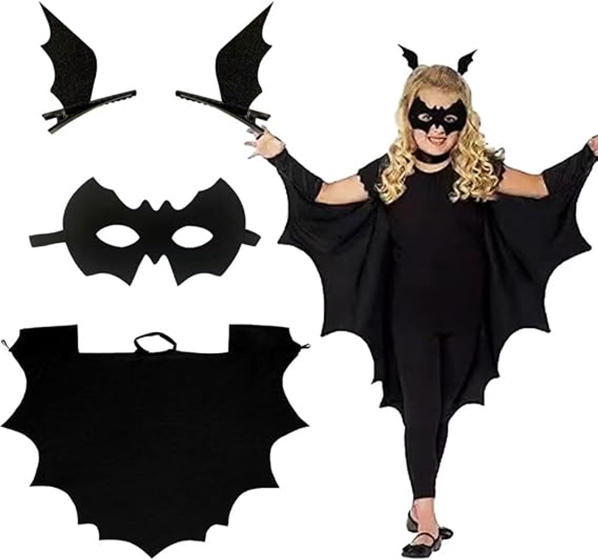 Halloween Vleermuiskostuum voor kinderen - Halloweenkostuum voor kinderen - Vleermuiscape met masker en haaraccessoire - Halloween Cosplay Vleermuiskostuum voor jongens en meisjes - Perfect voor Halloweenfeest - Maat 110