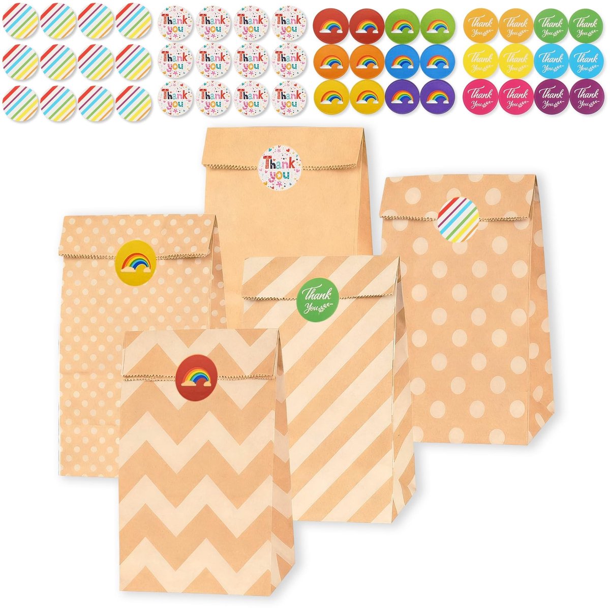 SnelShoppen - Pack van 25 kraft cadeauzakken bruin, 24x13x8 cm, papieren tasjes met 48 stickers, multifunctionele DIY tassen voor kinderfeestjes, brui