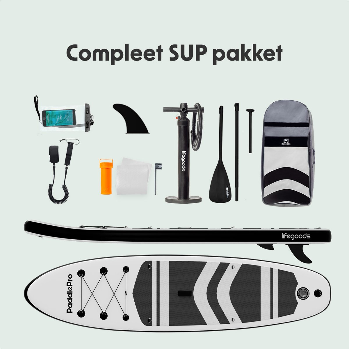 LifeGoods PaddlePro SUP Board - Opblaasbaar Paddle Board - Complete Set - Max. 150KG - 320x81cm - Wit/Zwart – foto 6