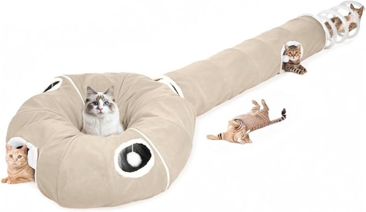 Verte Kattentunnel met Kattenmand - Grote Kattentunnel - Kattentunnelbed - Voor Katten - 3-Delige Speeltunnel voor Huisdieren met 4 Opstellingen - Opvouwbare Tunnel - 245 CM - Khaki