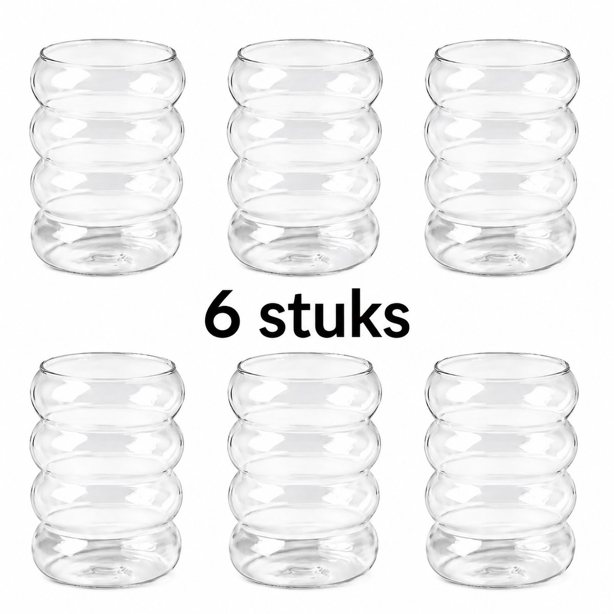 Bubbel Drinkglazen Set van 6 – 350 ml – Vintage Wavy Design – Geribbelde Glazen voor Koffie, Matcha, Frisdrank & Sap