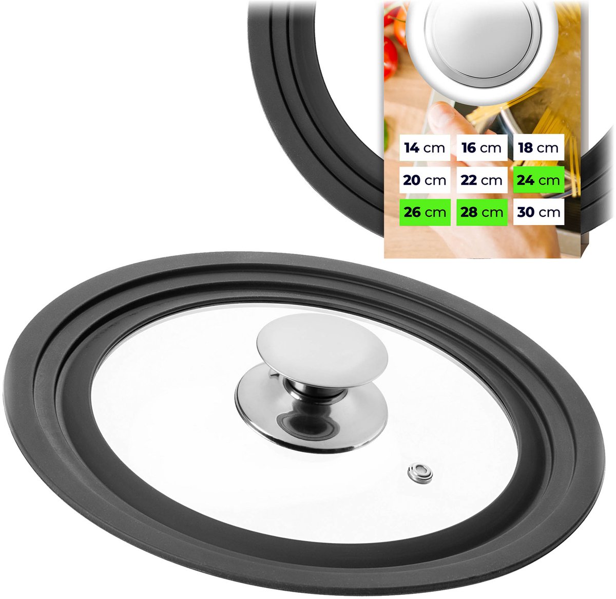 KADAX universele deksel 24/26/28 cm, universele deksel voor potten en pannen, pannendeksel, glazen deksel met siliconenrand en stoomopening, potdeksel (zilver)