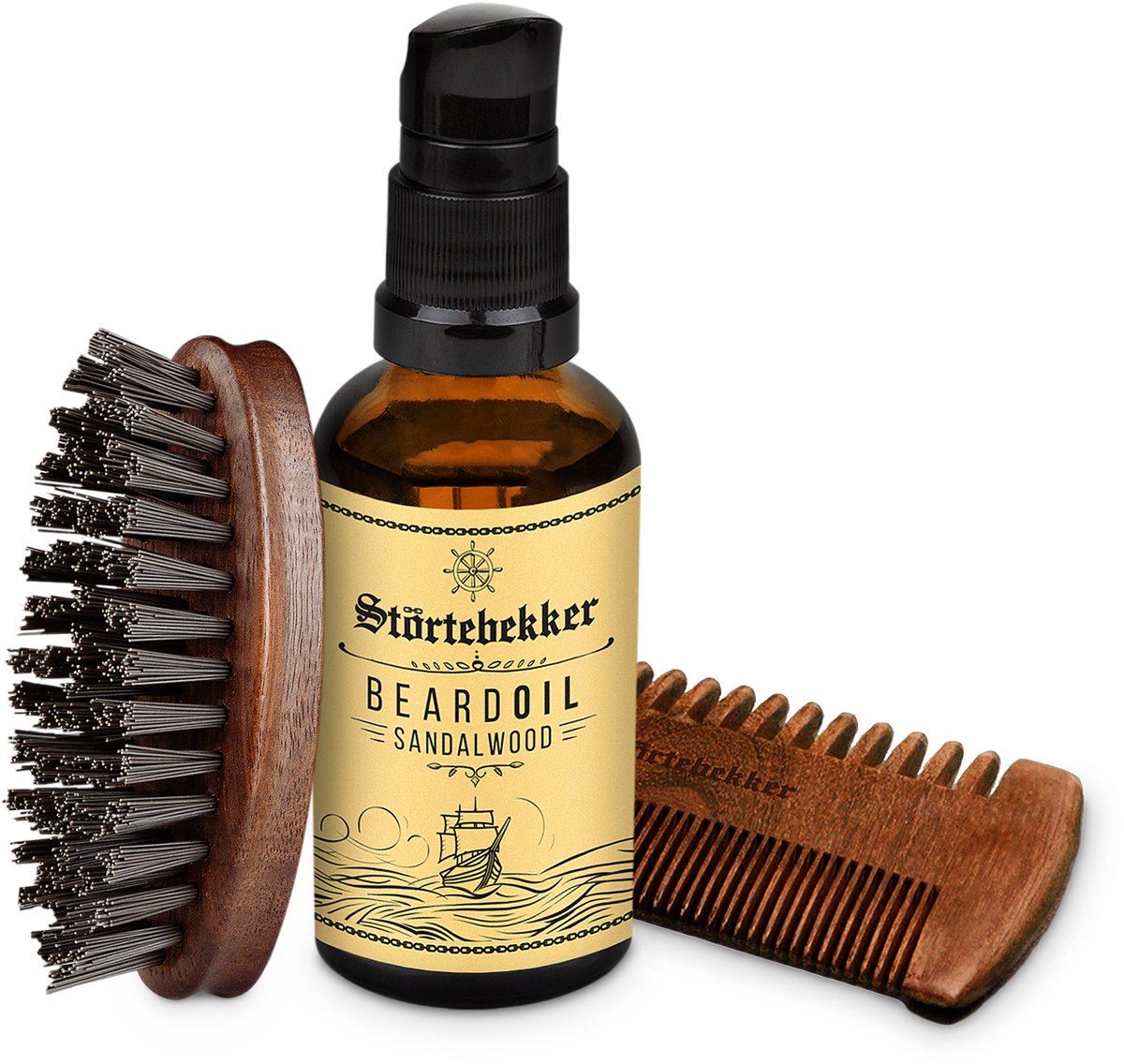 Störtebekker® Premium Baardverzorgingsset Sandelhout - Beard Care Set Heren met Warme, Houtige Geur - Baardolie, Baardborstel & Houten Baardkam met Leren Etui - Vegan met Arganolie & Jojobaolie - Zonder Parabenen & Siliconen - Geschenkidee