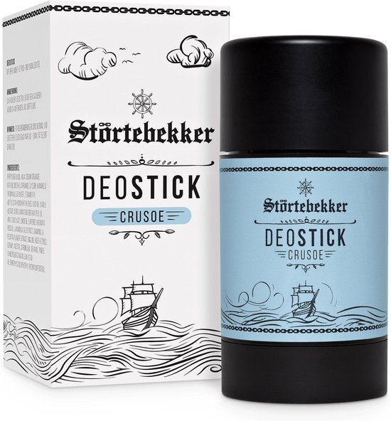 Een blauwe deostick in een zwarte houder met 'Störtebekker DEOSTICK CRUSOE' en een zeilschip-illustratie. Inclusief verpakking.