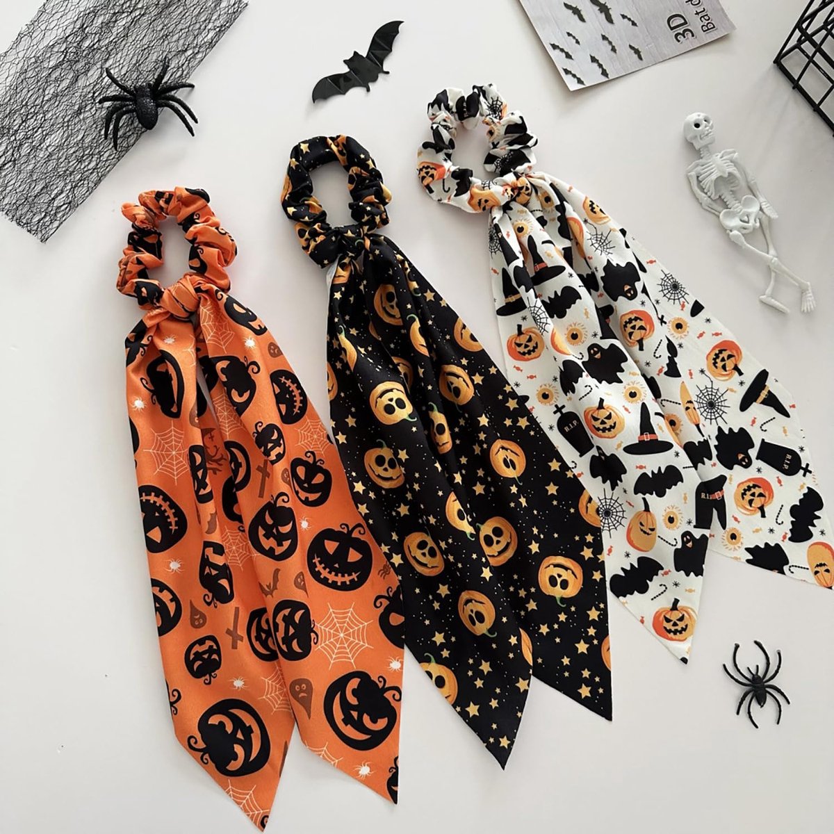 Halloween pompoen spinnenweb haarelastiekjes 3-delige set - Nieuwe Halloween haarelastiekjes van lint, grappige satijnen haarelastiekjes met pompoenprint voor dames - Accessoires voor rollenspellen en kostuums tijdens de feestdagen