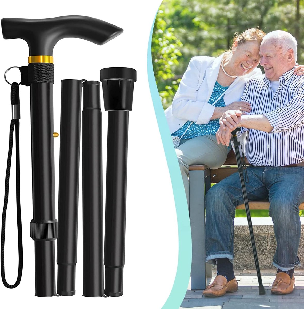 Ulisem - Opvouwbare Wandelstok – Verstelbare Wandelstok voor Senioren – Lichtgewicht Inklapbare Loopstok met 5 Hoogtestanden – Mobiliteitshulp voor Mannen & Vrouwen - zwart