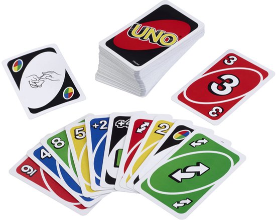 UNO kaarten met rode, blauwe, gele en groene kaarten, waaronder speciale kaarten.