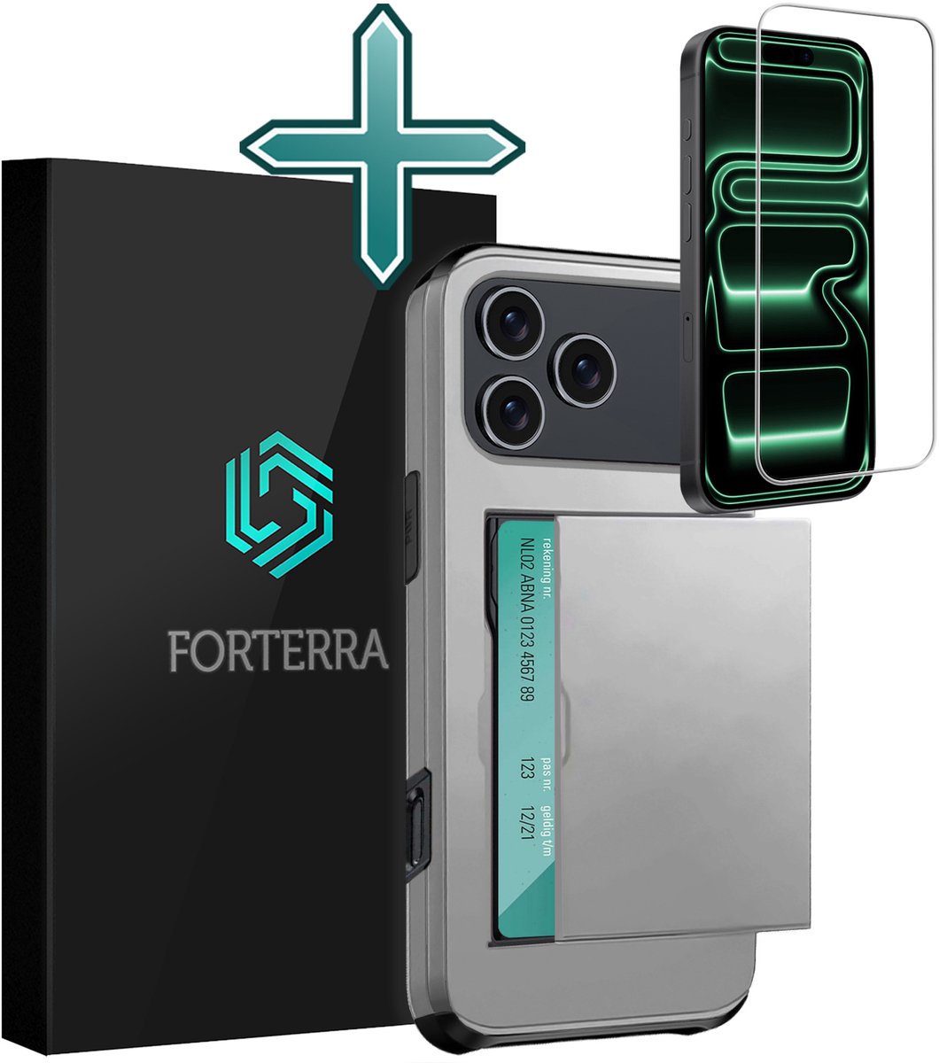 Hoesje Geschikt voor iPhone 18 Pro Pashouder Hard Case Hoes Met Screenprotector - Hoes Geschikt voor iPhone 18 Pro Hoesje Back Cover Met Pasjeshouder - Grijs