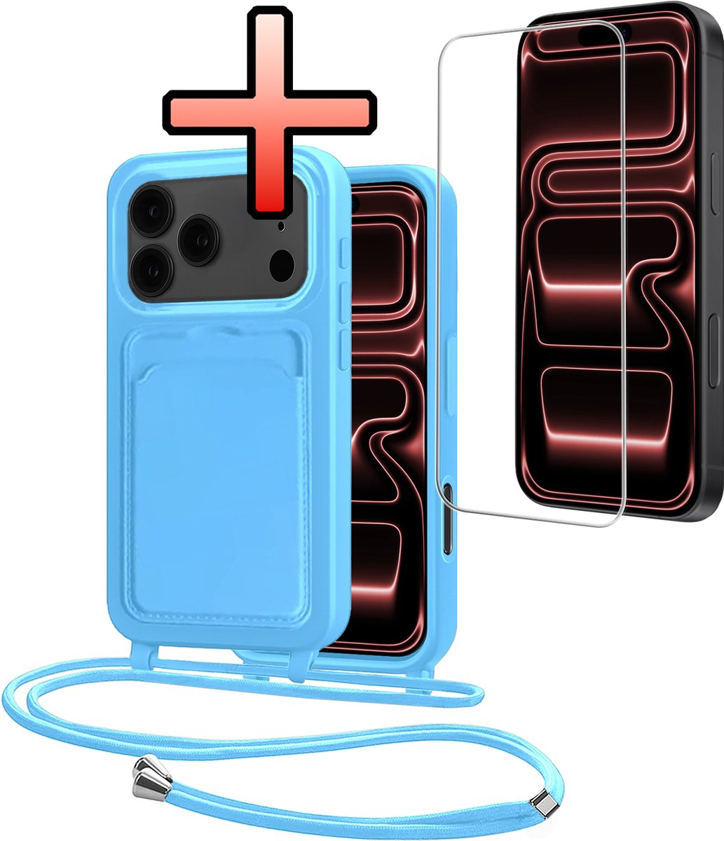 Hoes Geschikt voor iPhone 18 Pro Max Met Telefoonkoord Met Screenprotector - Siliconen Hoesje Backcover Met Ketting - Lichtblauw