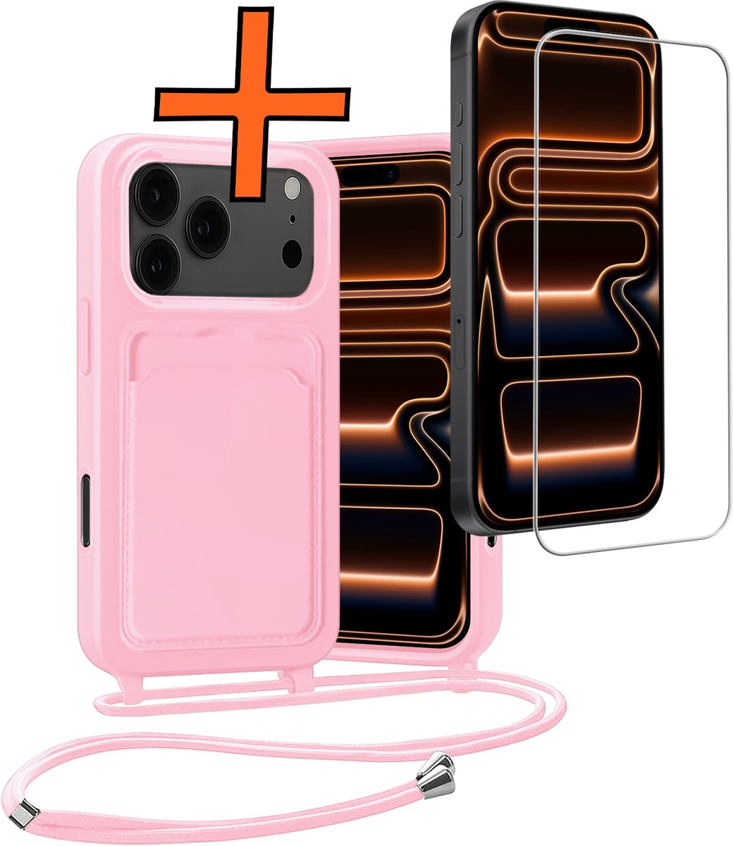 Hoesje Geschikt voor iPhone 18 Pro Max Hoes Met Telefoonketting Met Screenprotector - Backcover Geschikt voor iPhone 18 Pro Max Case Met Koord - Lichtroze