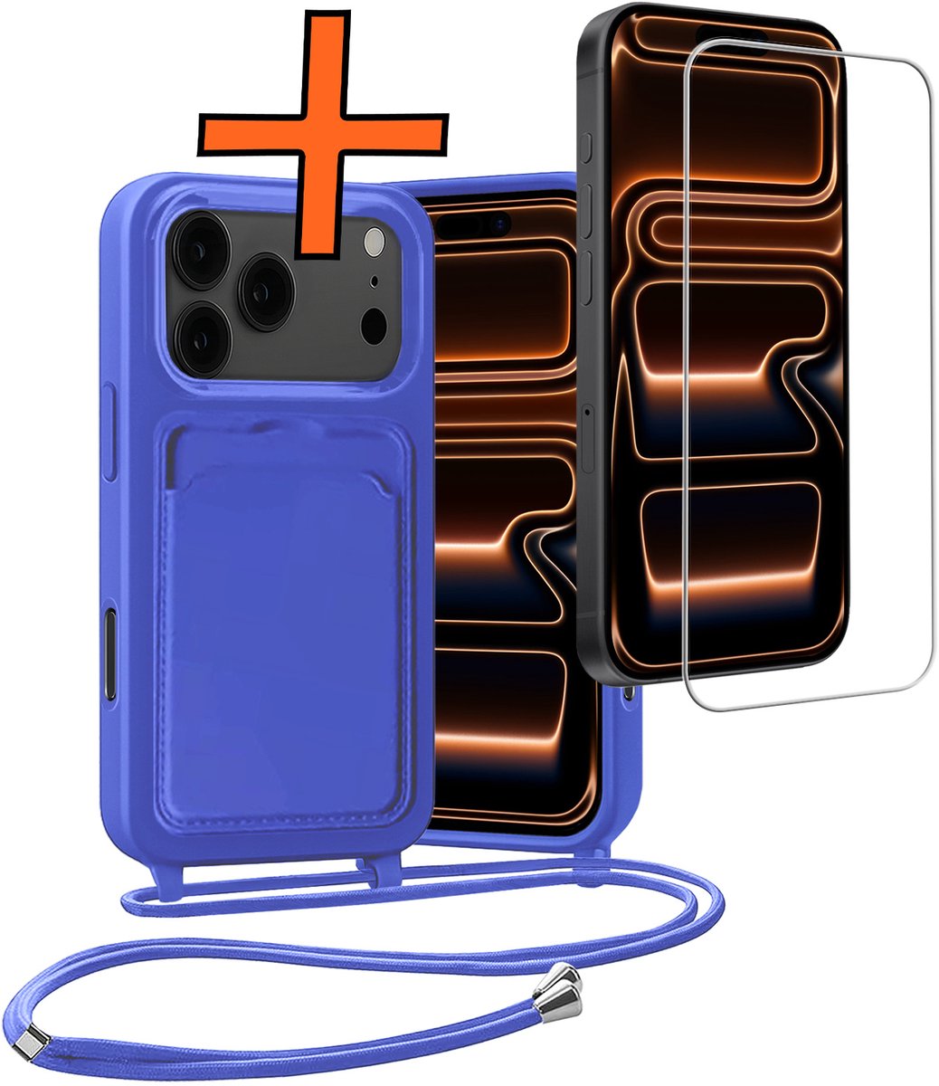 Hoesje Geschikt voor iPhone 18 Pro Max Hoes Met Telefoonketting Met Screenprotector - Backcover Geschikt voor iPhone 18 Pro Max Case Met Koord - Felblauw
