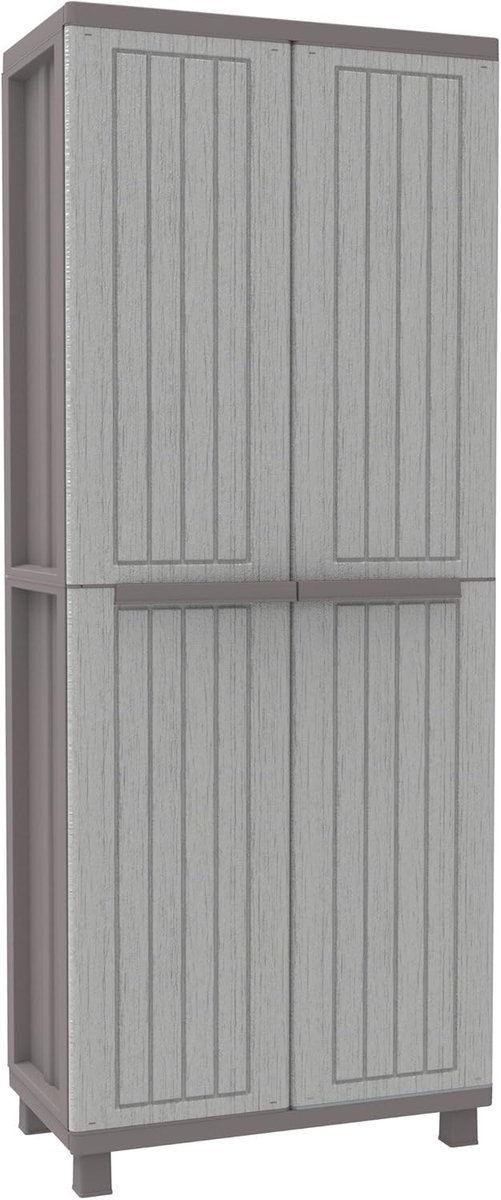 Hoge Opbergkast Buiten & Binnen Kunststof – 68 x 37,5 x 170 cm – 3 Verstelbare Planken – Dubbele Deur – Weerbestendig – Grijs – Garage, Schuur & Tuin