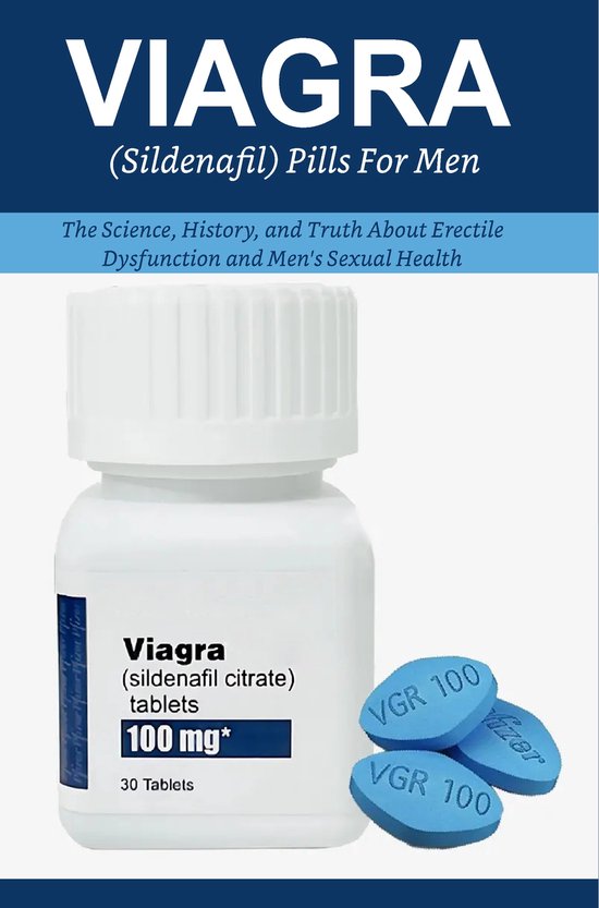 Boek: Viagra (Sildenafil) Pills For Men, met een flesje en drie blauwe tabletten.