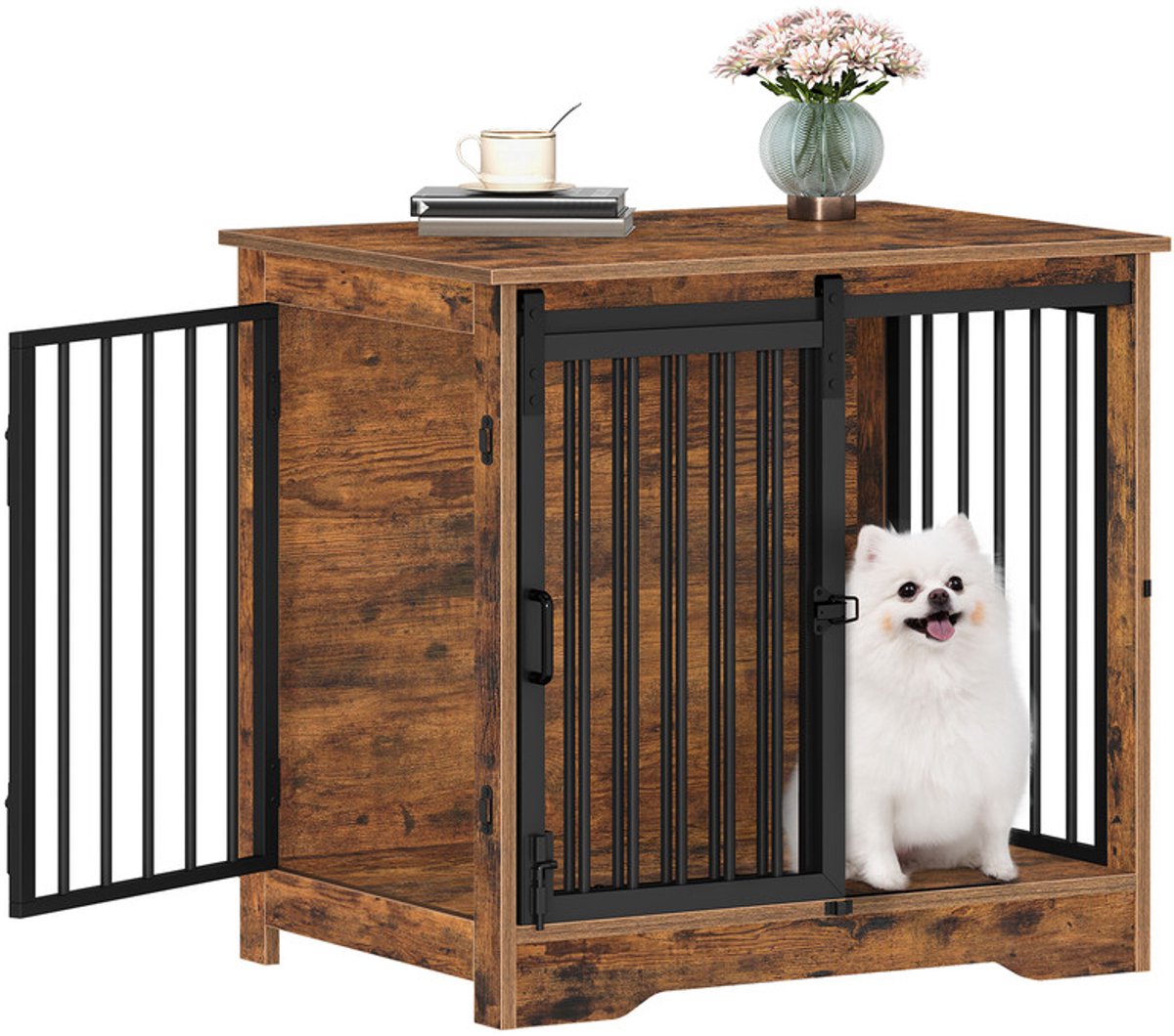 Hzuaneri 69 cm Hondenbench, meubel, hondenbox, 2 deuren, modern hondenhok voor kleine, middelgrote honden, bijzettafel, hondenhuis voor thuis, 49 × 69 × 64.5 cm, Rustiek Bruin