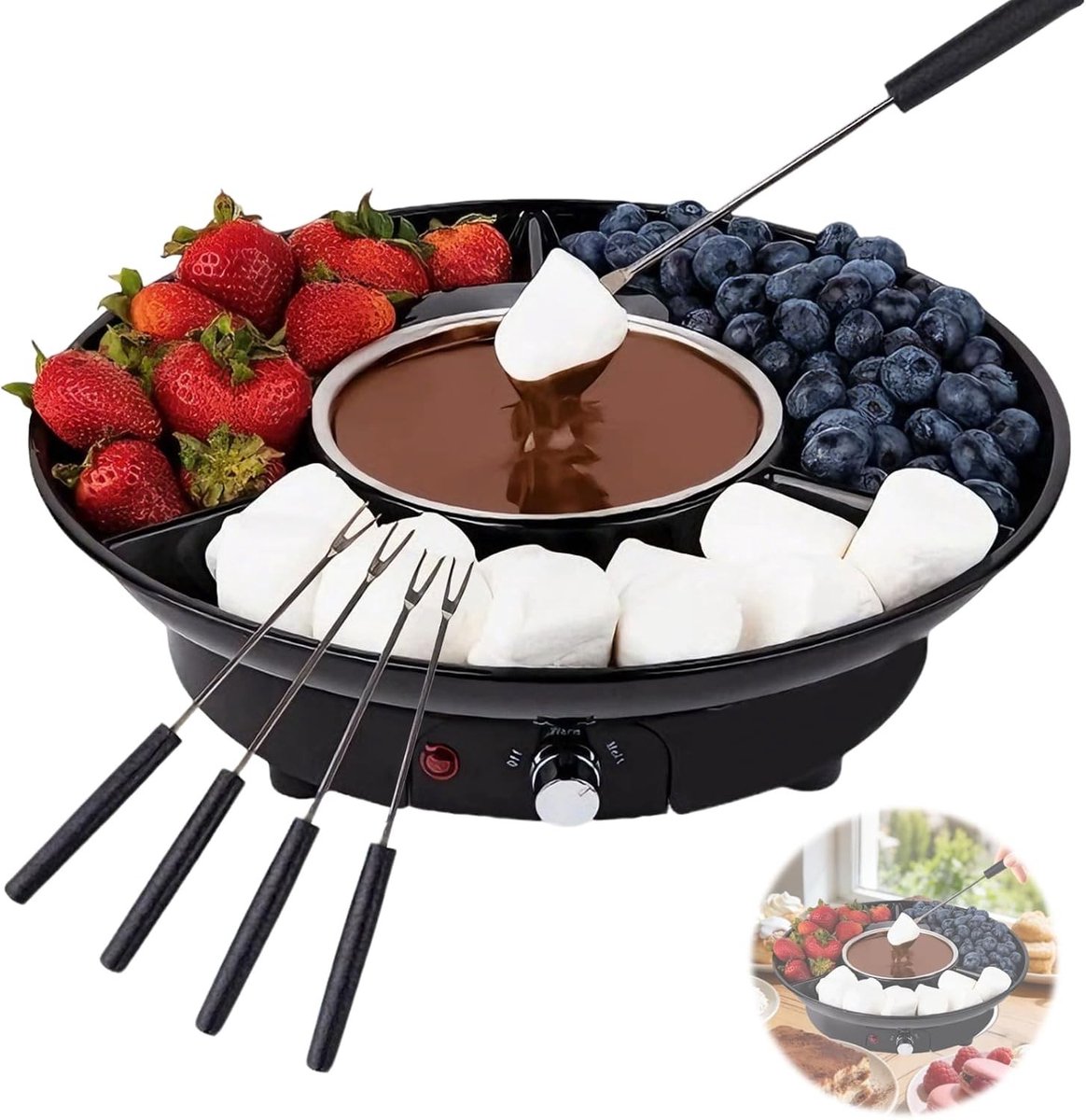 Chocoladefontein 25W 280ml met 2 Temperatuurinstellingen voor Smelten en Warmhouden, Inclusief 5 Vorken en Kom voor Chocolade, Fruit en Koekjes