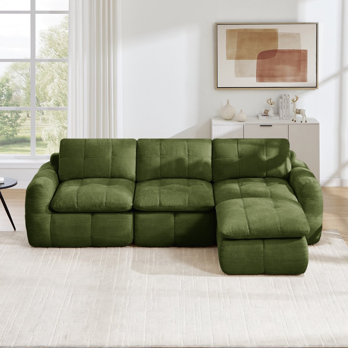 Intebiki 3-zits Hoekbank - Chenille stof - Modulaire L-vormige bank - Geen montage nodig - inclusief 1 poef - groen