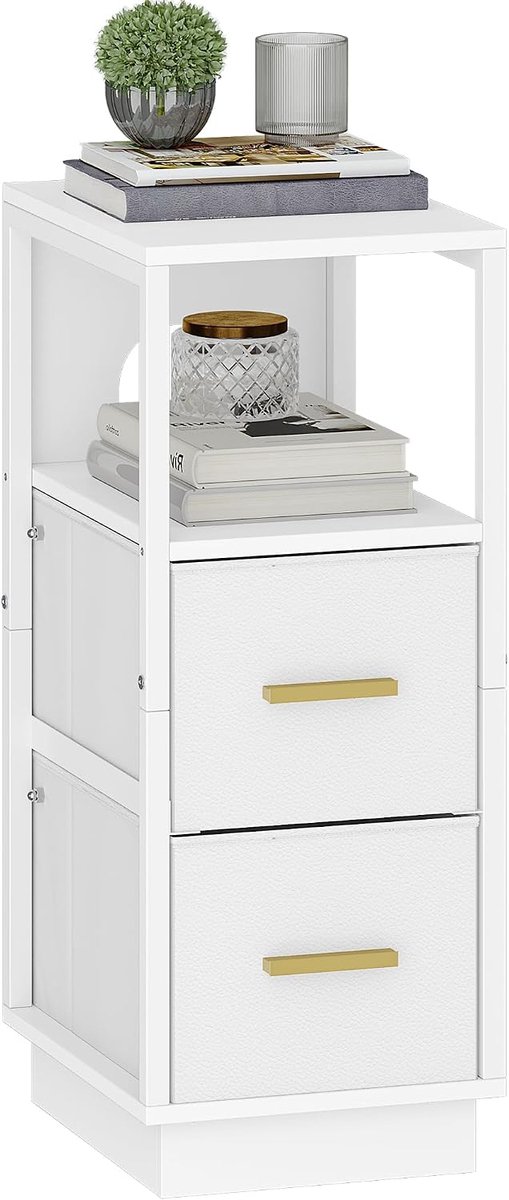 Hzuaneri Nachtkastje, Smal Nachtkastje met 2 Stoffen Lade, Bijzettafel met Open Vak, Modern, voor Slaapkamer, Woonkamer, 30.3 x 24 x 60 cm, Wit