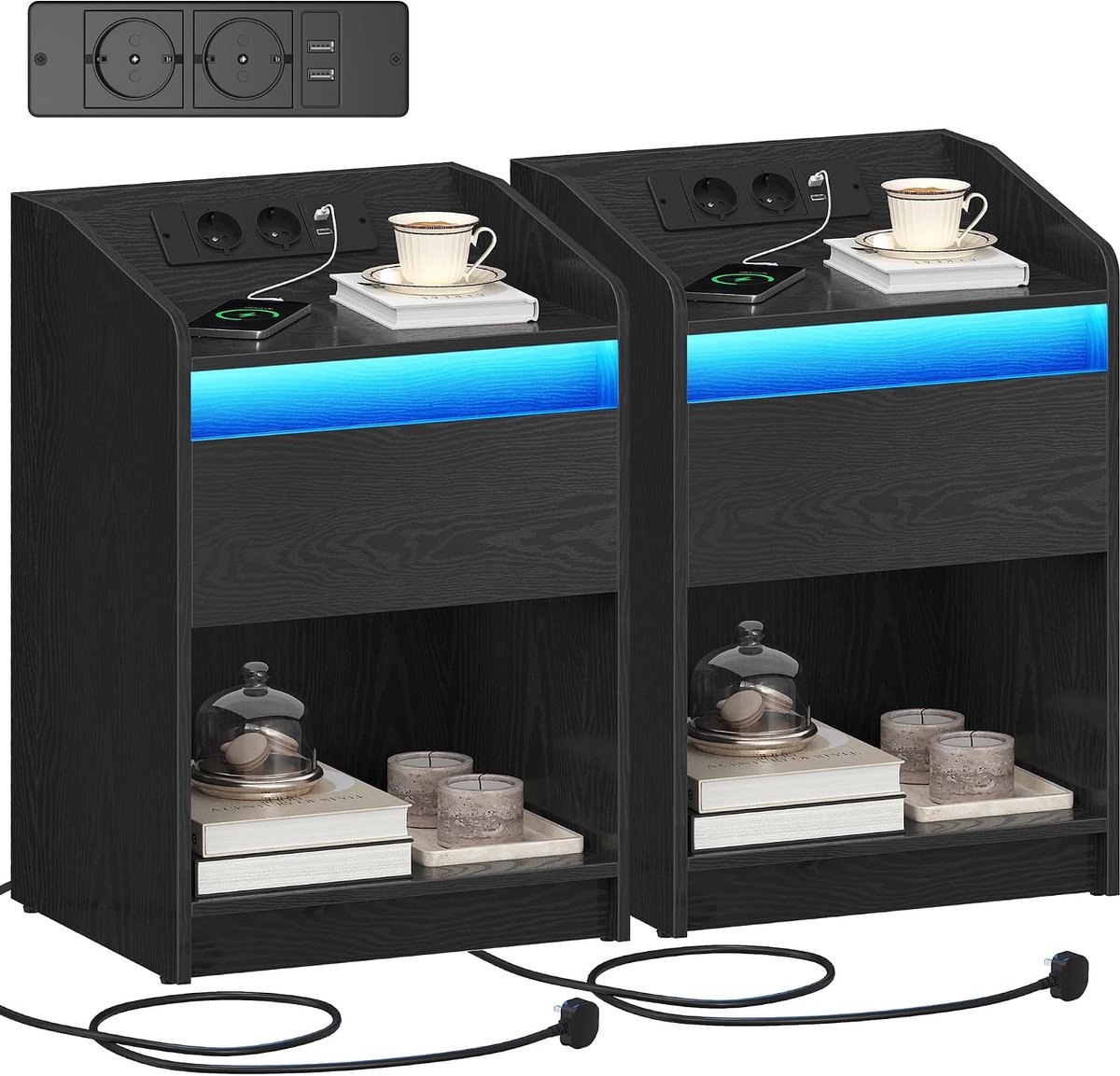 Hzuaneri Nachtkastje Set van 2 met LED Licht, Nachtkastje met Oplaadstation, 1 Opberglade voor Slaapkamer, Woonkamer, 2 USB Poorten, 2 Stopcontacten, Open Compartiment Zwart
