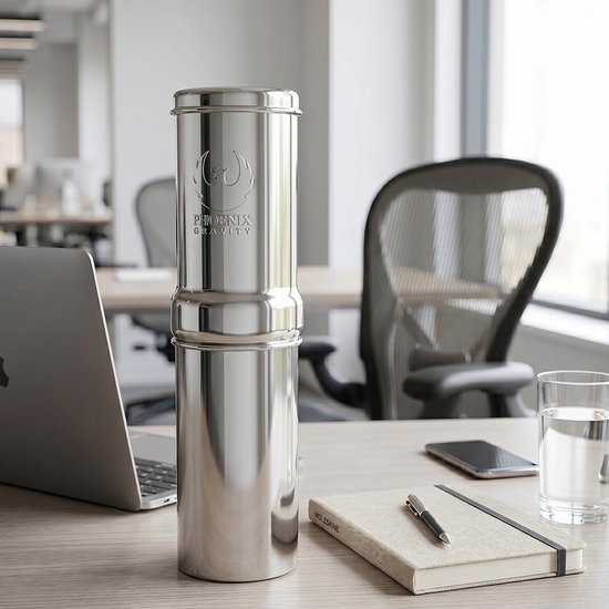 Phoenix Gravity 1 liter waterfilter op een bureau naast een laptop en een glas water